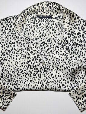 Zara Leopard Print Satin Blouse Women’s Small Black White Button Down Top